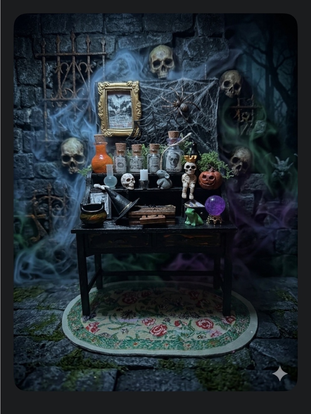 Miniature Witch Apothecary Table with Halloween Decor - Black & Orange Accents